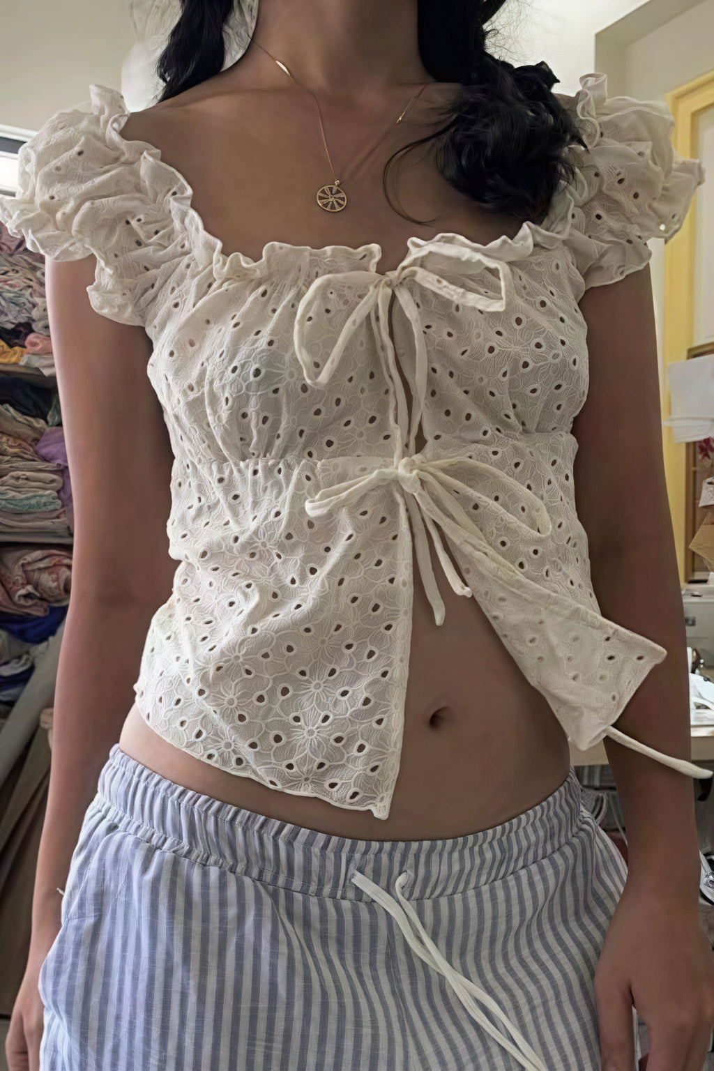 Lace Trim Tie Ruffle Tank Top image 3