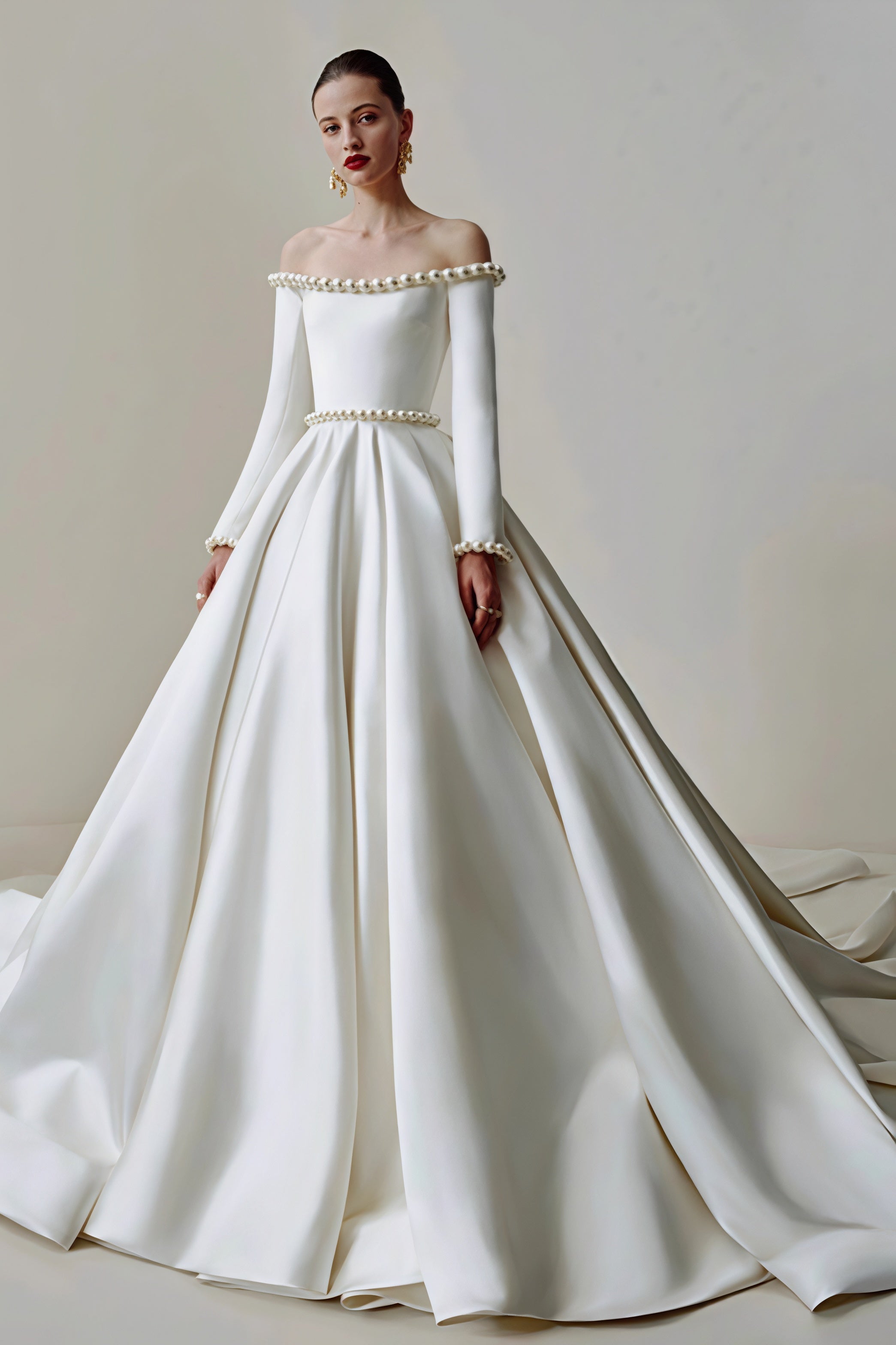 Vintage Satin Pearl Long Sleeve Off Shoulder Wedding Dress image 4