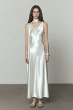 Simple Solid Satin V Neck Loose Maxi Dress image 1