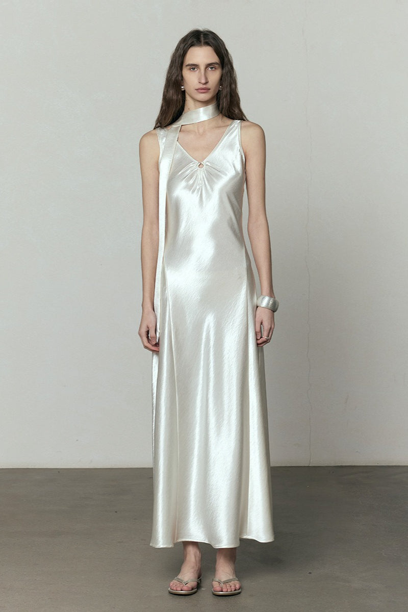 Simple Solid Satin V Neck Loose Maxi Dress image 1