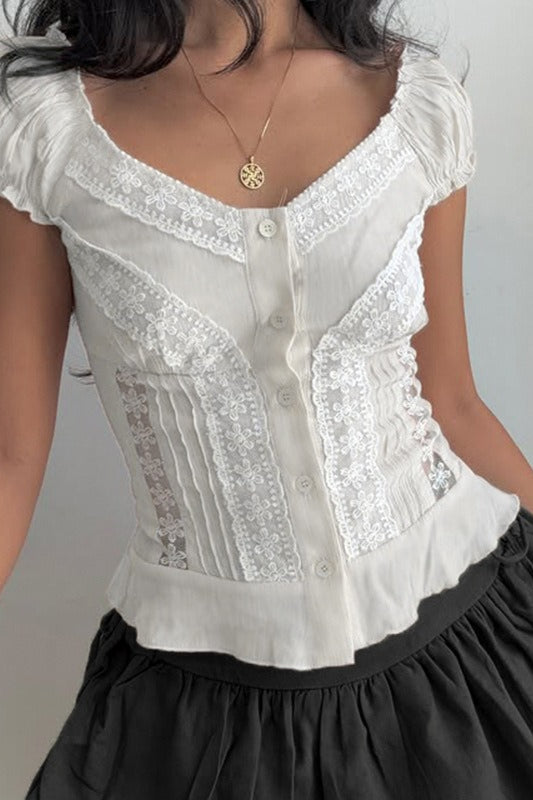 Vintage Lace V Neck Button Puff Sleeve Tank Top image 2