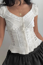 Vintage Lace V Neck Button Puff Sleeve Tank Top image 2