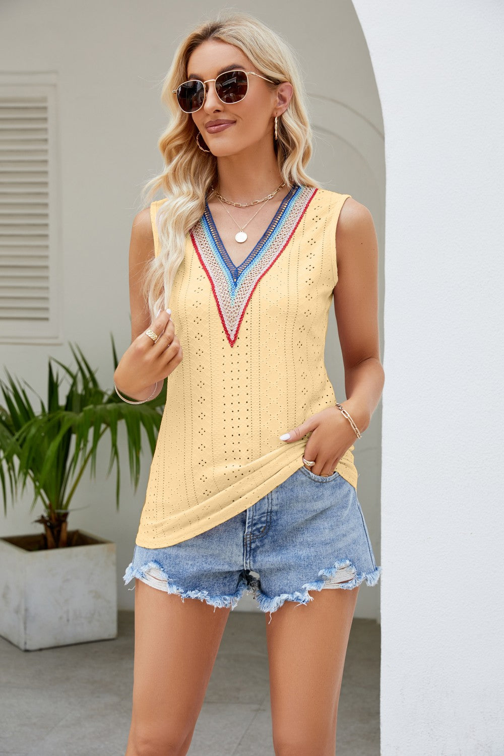 Nicolette Eyelet Tank styled for Avrienne