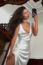 V Neck Backless Satin Lace Trim Waisted Midi Dress image 1