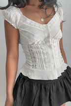 Vintage Lace V Neck Button Puff Sleeve Tank Top image 3