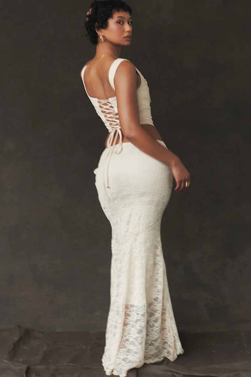 Elegant Lace-Up Crop Top & Maxi Skirt Boho Dress image 8