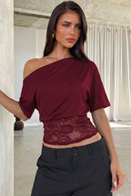 Asymmetric Off Shoulder Lace Waist Slim Crop T-shirt image 9