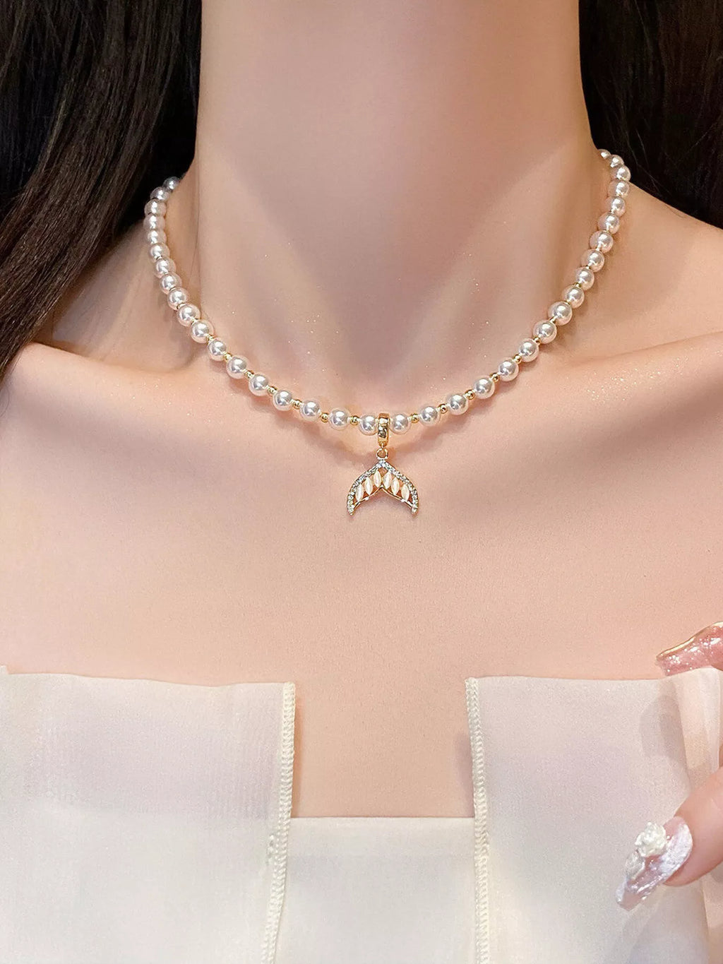 Honor Pearl Necklace detail view styled for Avrienne