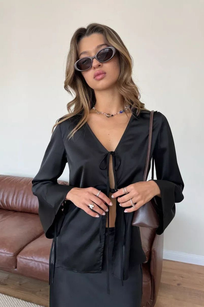 Satin Tie Front Fitted Blouse image 3