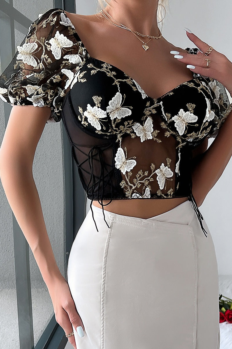 Sheer Butterfly Embroidery Mesh Panel Backless Cami Blouse image 2