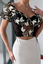 Sheer Butterfly Embroidery Mesh Panel Backless Cami Blouse image 2