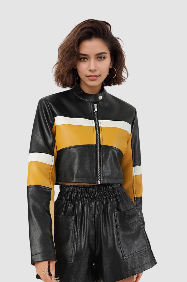 Color-Block PU Leather Biker Jacket image 2