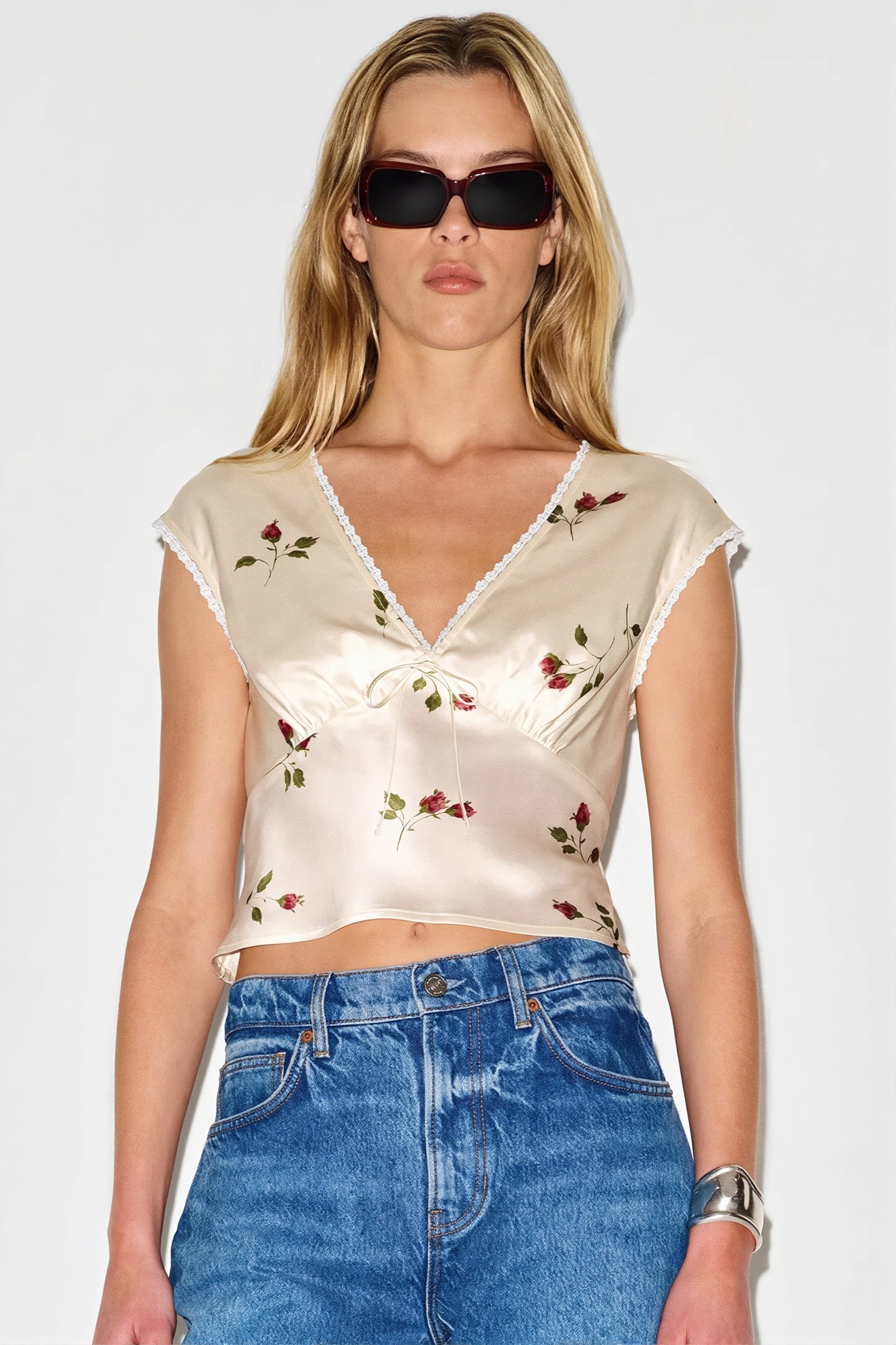 Floral Satin Vintage Lace Trim Blouse image 1