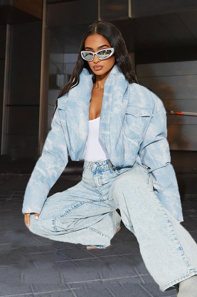 Printed Color Block Crop Quilted Puffer Jacket image 2