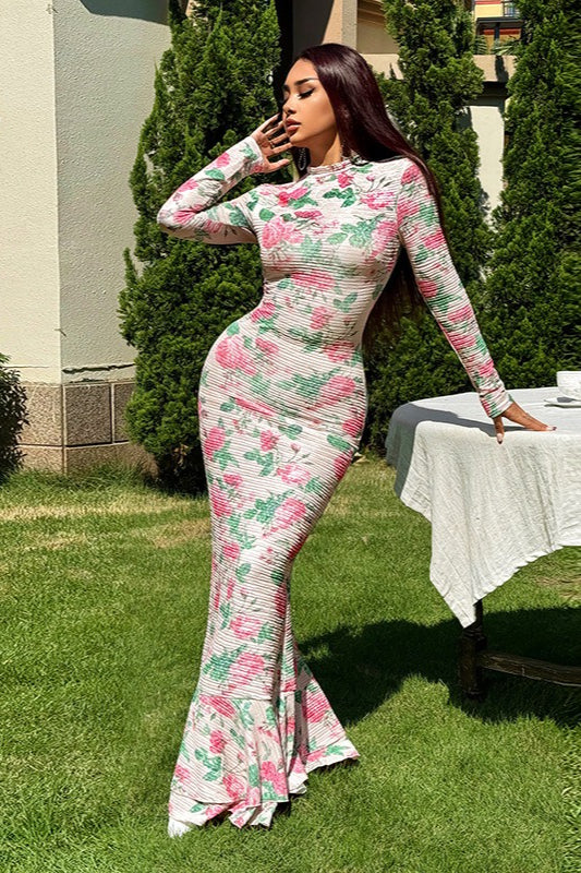 Elegant Floral Print Long Sleeve Bodycon Maxi Dress image 3