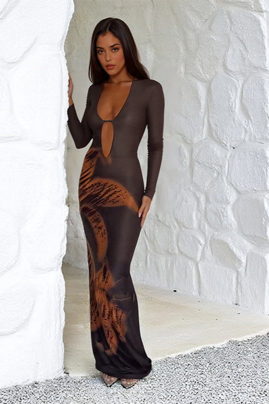 Deep V Cutout Print Long Sleeve Maxi Dress image 2