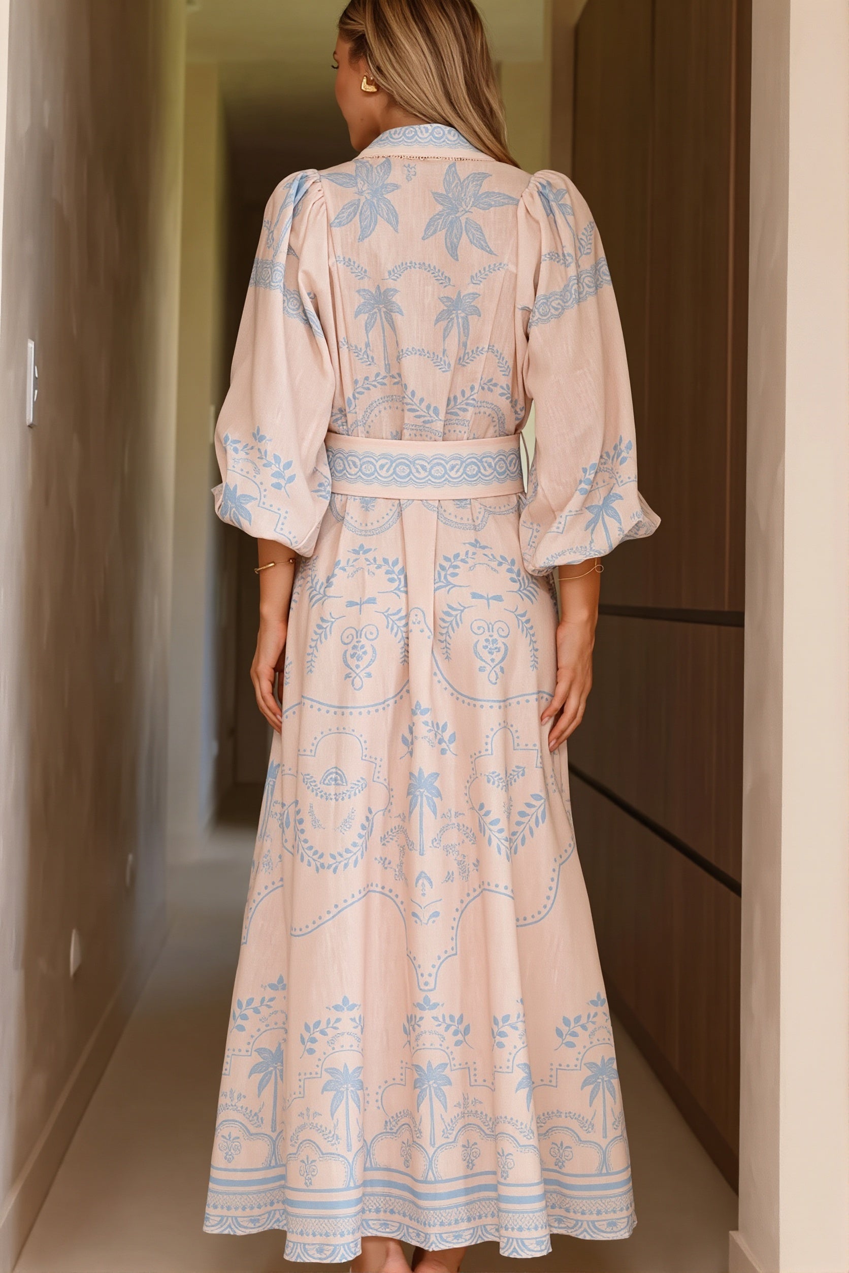 Linen Puff Sleeve Belt Loose Boho Dress image 3