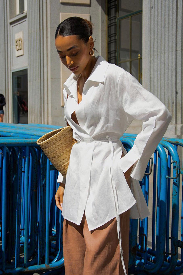 White Long Sleeve Tie Front Linen Blouse image 1