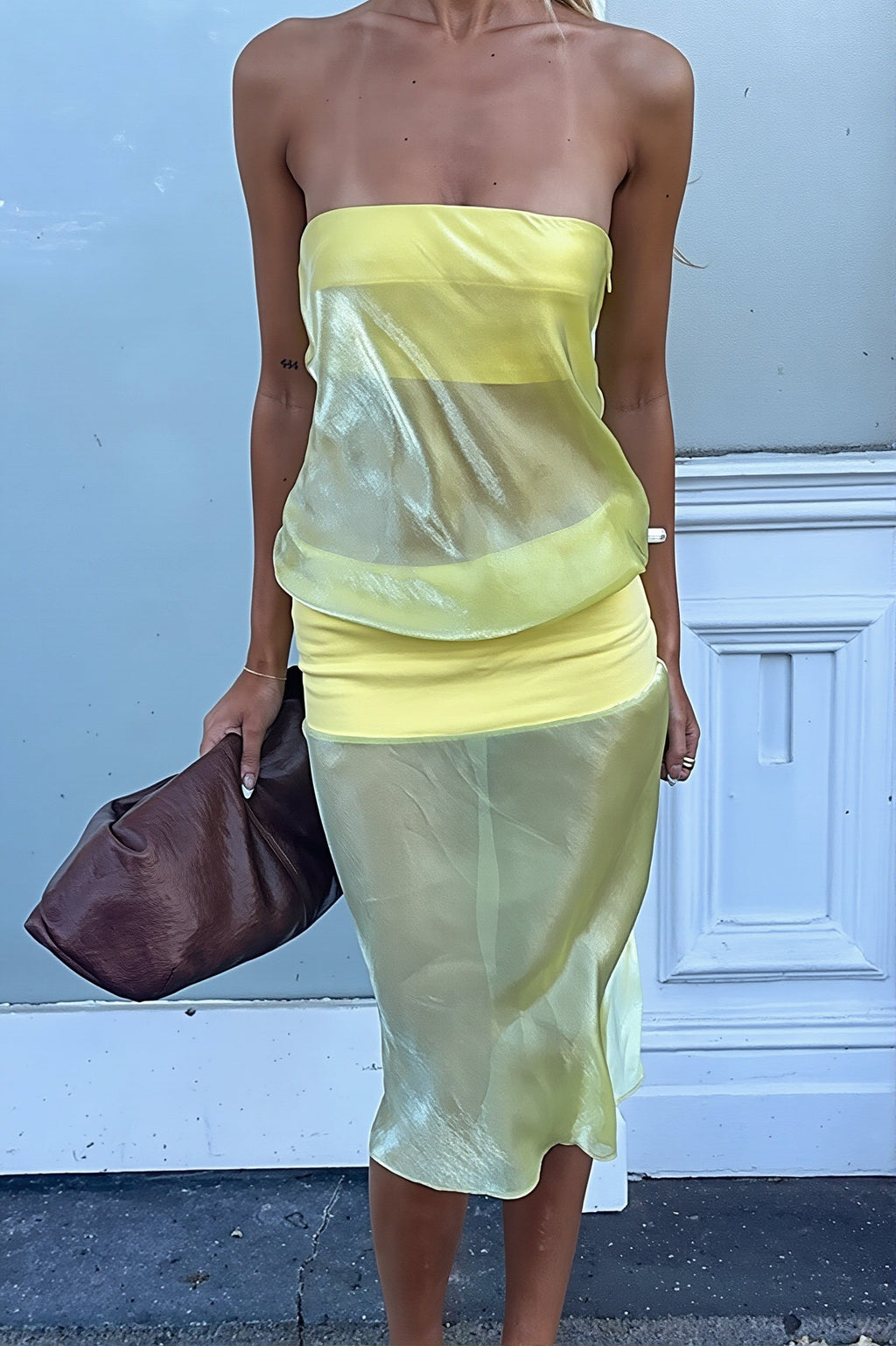 Strapless Contrast Sheath Sheer Midi Dress image 6