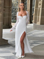 Lace Insert Long Sleeve Split Slim Fit Party Dress image 1