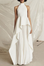 Halter Black White Contrast Pleated Prom Dress image 1
