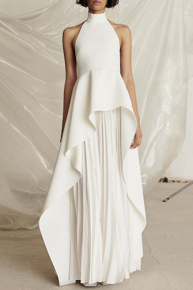 Halter Black White Contrast Pleated Prom Dress image 1