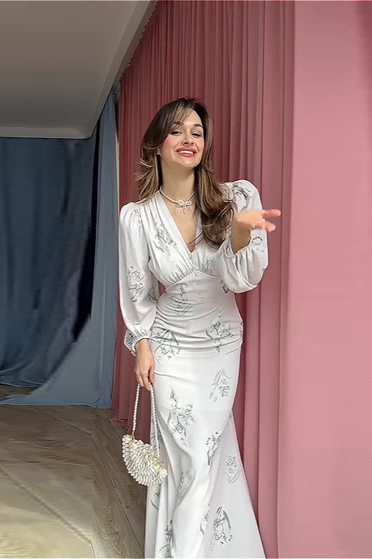 V Neck Printed Waist Belted Elegant Long Sleeve Slim Maxi Floral Dress image 3