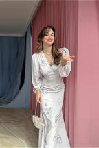 V Neck Printed Waist Belted Elegant Long Sleeve Slim Maxi Floral Dress image 3