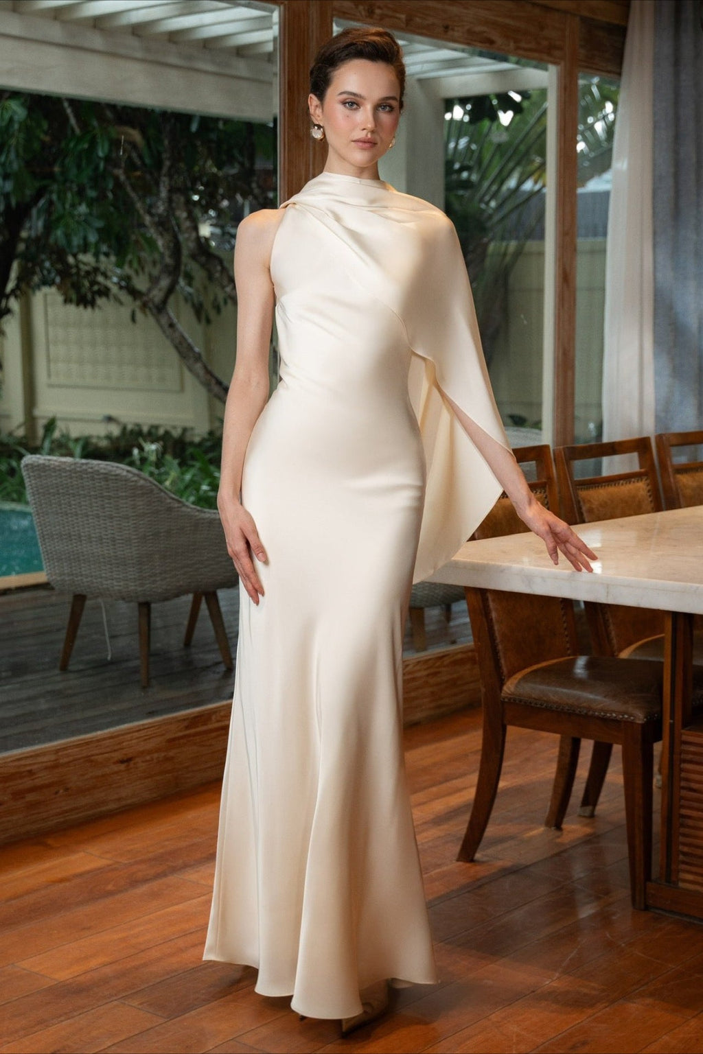 Elegant Solid Color Satin Draped Back Long Prom Dress image 1