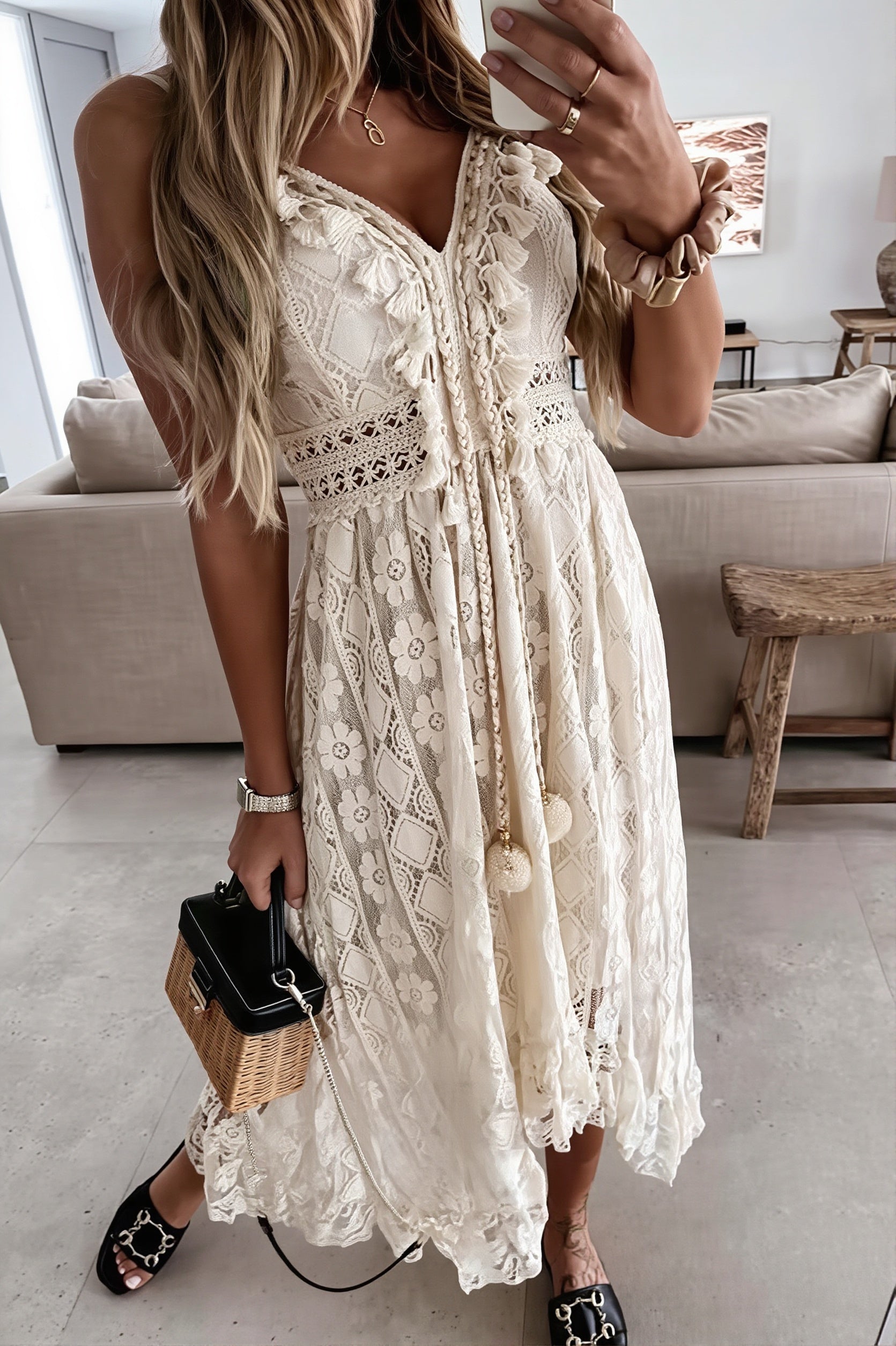Lace Cami Solid Swing Long Boho Dress image 4