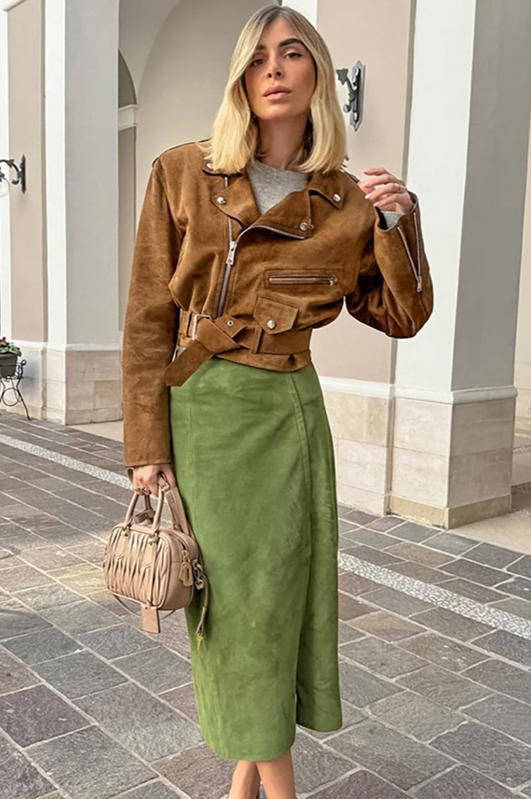 Velvet Green High-Waisted Slit Midi Skirt image 2