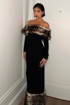 Sexy Off-shoulder Leopard Print Fur Trim Bodycon Maxi Dress image 1