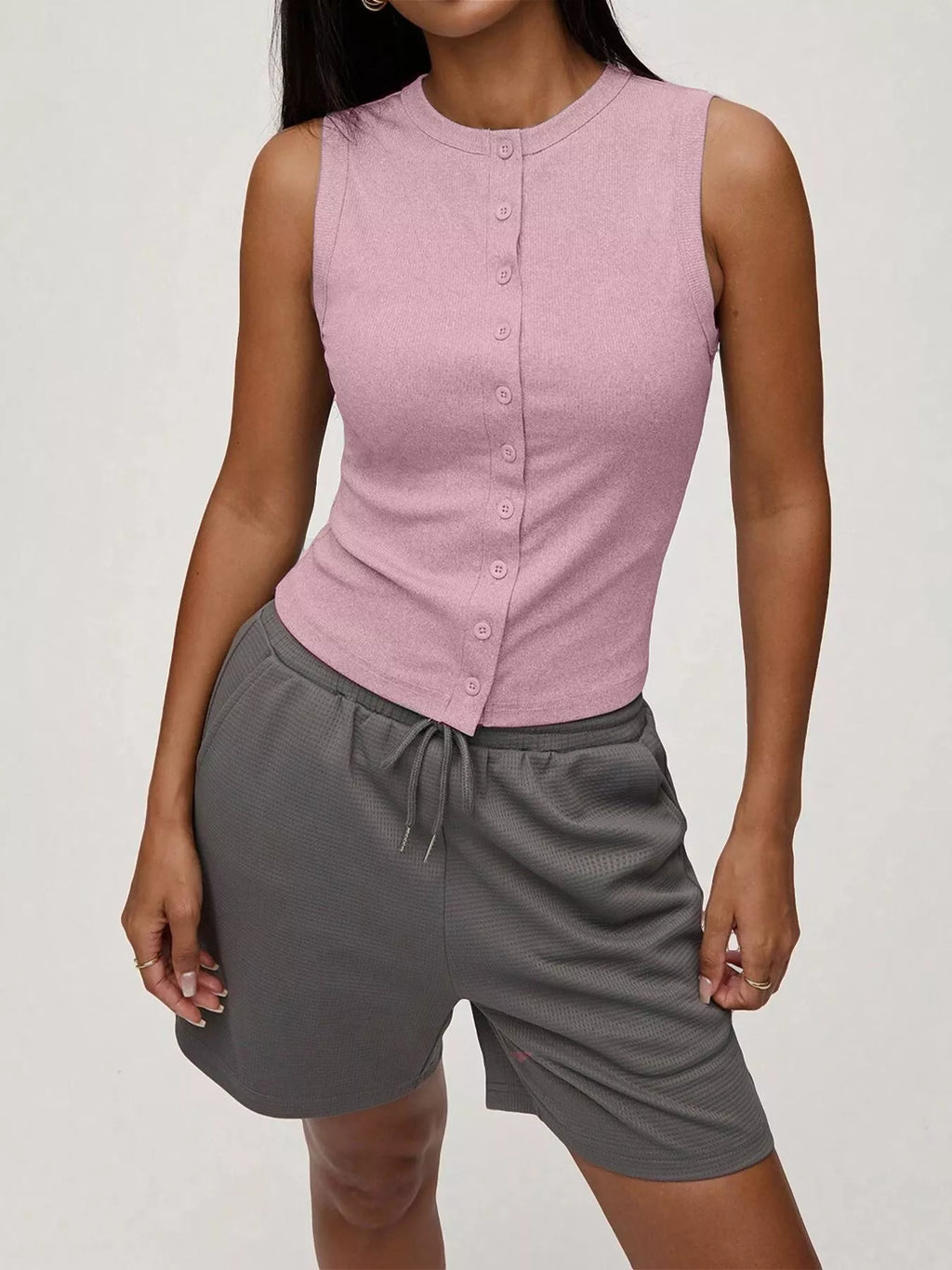 Elara Button Tank detail view styled for Avrienne