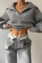 Lantern Sleeve Open Collar Knit Sweater image 17