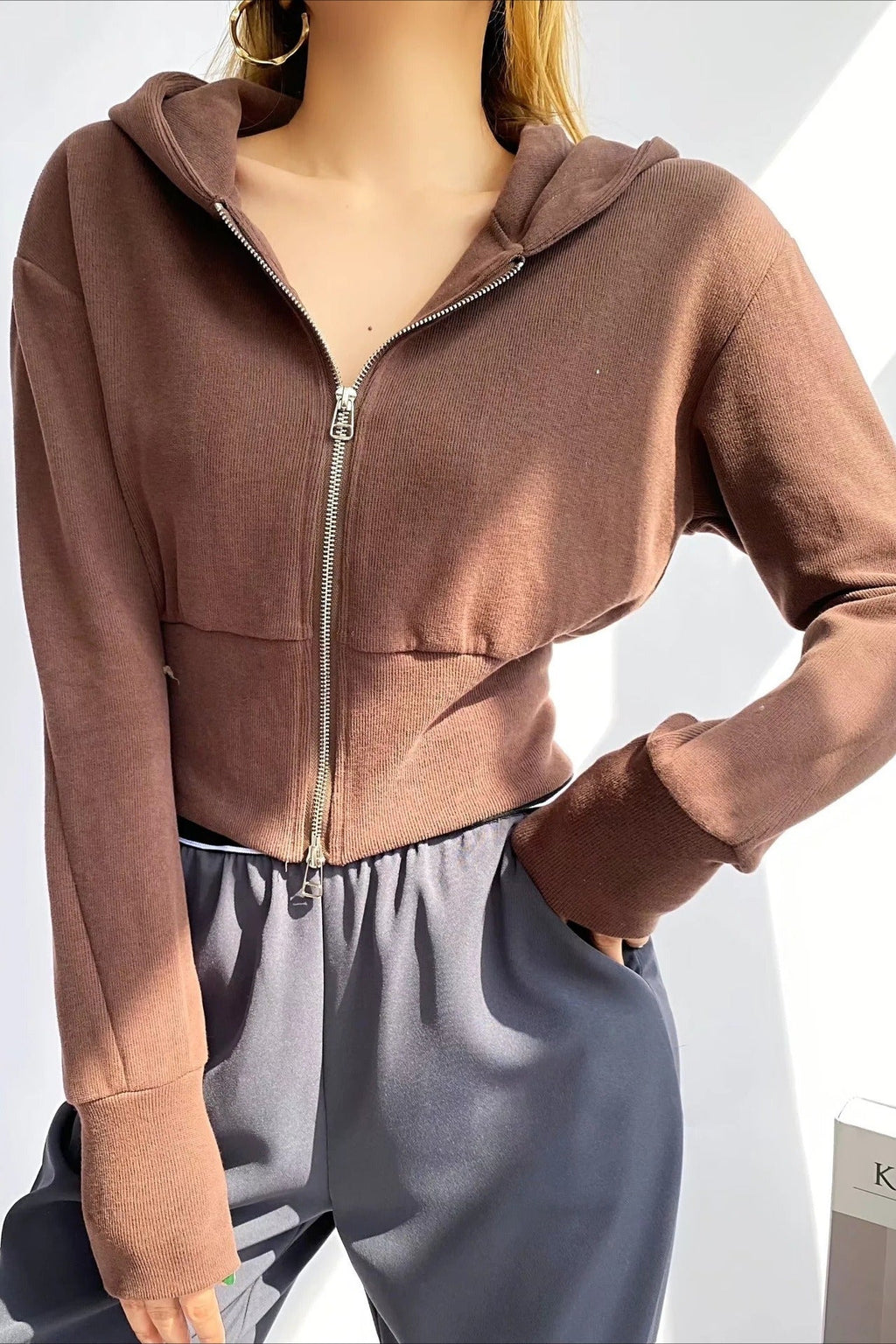 Solid Dual Zipper Slim Cropped Hoodie image 3
