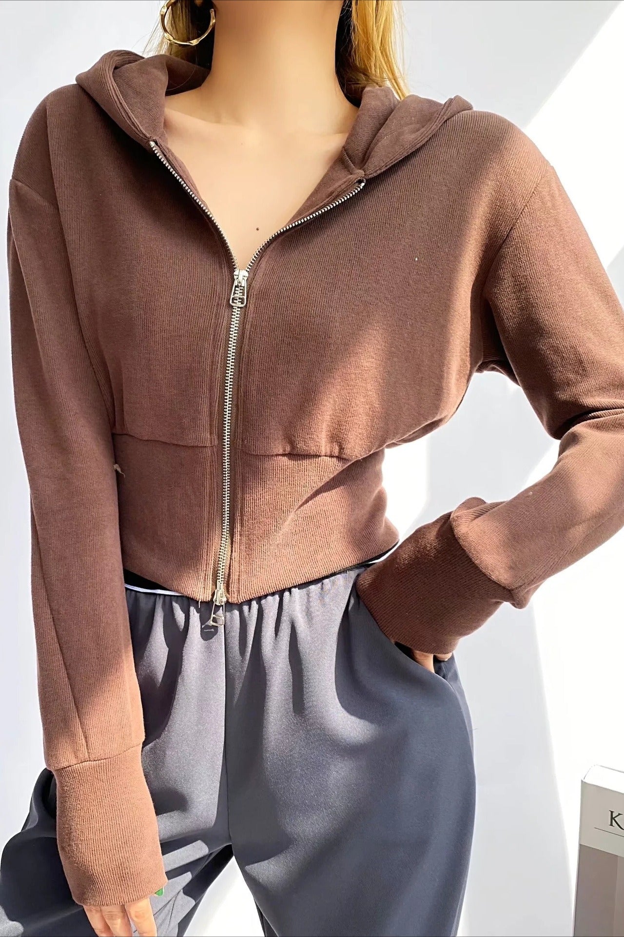 Solid Dual Zipper Slim Cropped Hoodie image 3