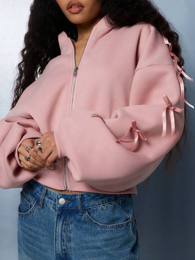 Embroidered Side Bow Zip Up Hoodie image 4