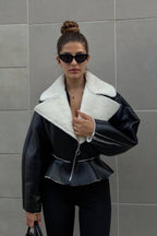 Chic Odd Zip Leather Fur Pieced Coat image 10