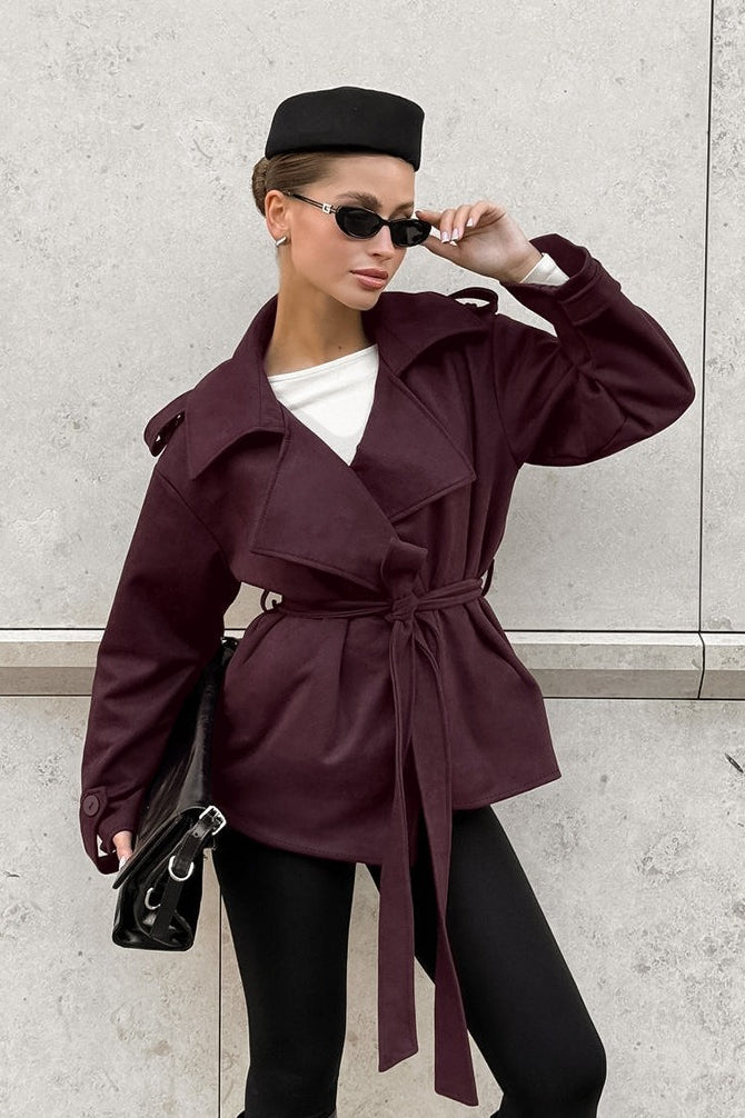 Suede Solid Tie Waist Thickened Warm Coat image 4