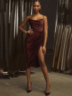 Slim Fit Sexy Halter Neck Satin Split Party Dress image 5