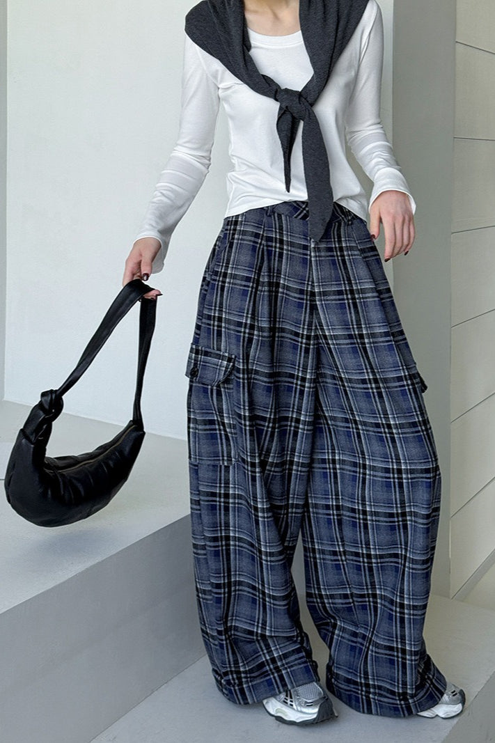 Retro Colorblock Plaid Casual Straight Pants image 4