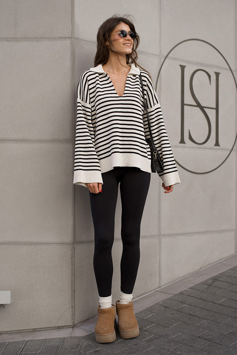 Striped Polo Neck Loose Fit Knit Sweater image 5