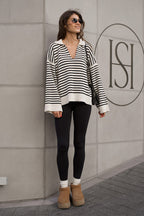 Striped Polo Neck Loose Fit Knit Sweater image 5