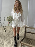 Ruffled Hem Tie Front Cardigan & Shorts Set Blouse image 10