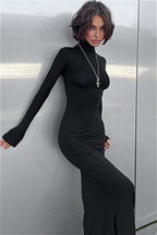 Solid Color High Neck Long Sleeve Maxi Dress image 2