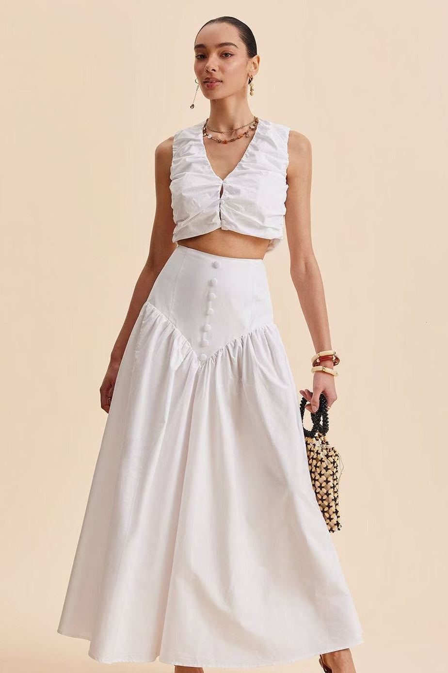 Stylish High Waist Button Patchwork White Maxi Skirt image 1