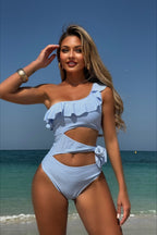 Elegant Ruffle Striped Cutout One Piece Swimwear image 1