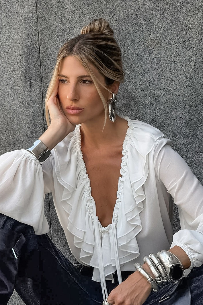 White Ruffled V Neck Lantern Sleeve Blouse image 3