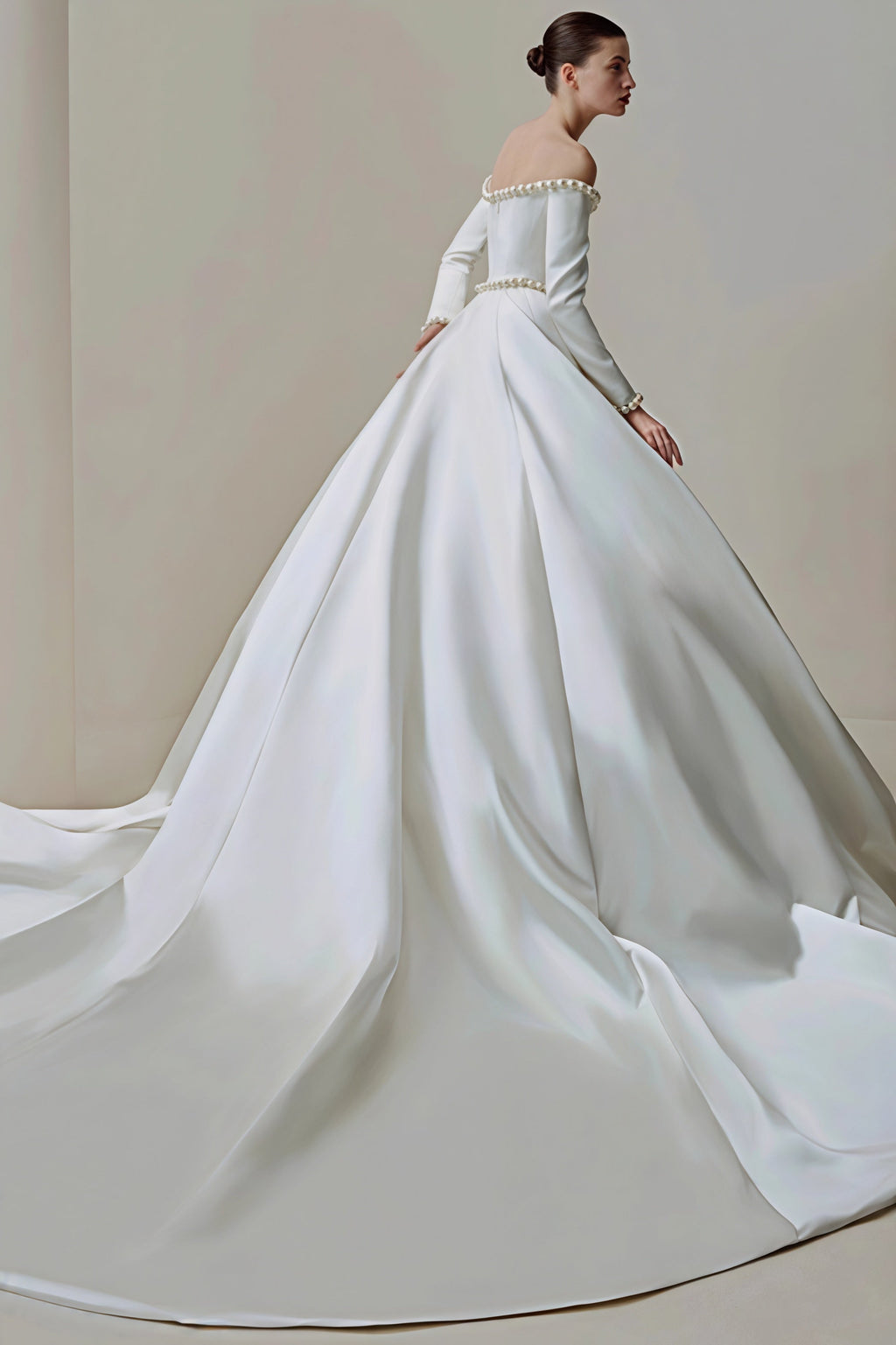 Vintage Satin Pearl Long Sleeve Off Shoulder Wedding Dress image 3