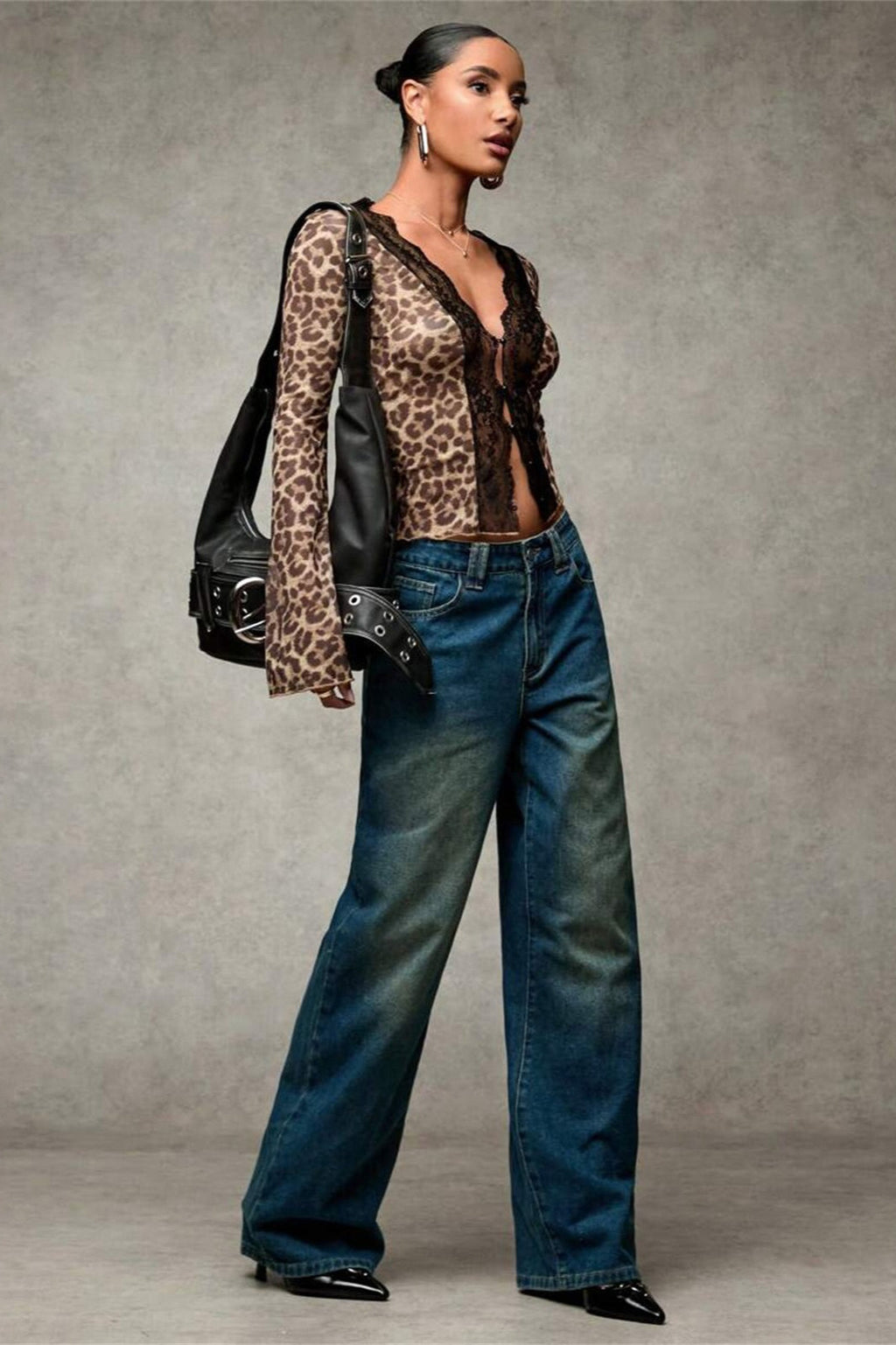 Lace Paneled Leopard Print Ruffled Cardigan Blouse image 3